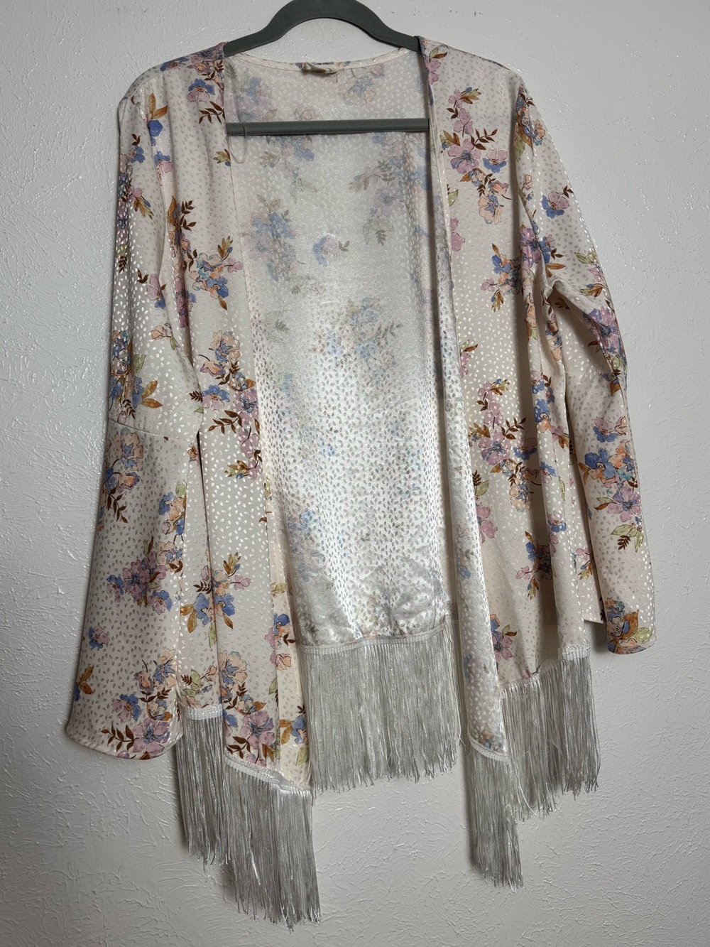Floral Open Front Fringe Bell Sleeve Kimono Shawl